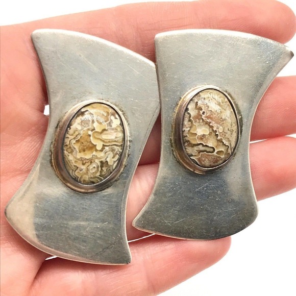 Vintage Sterling Silver Large Chunky Modernist Brown Jasper Statement Earrings - Picture 4 of 4